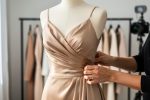 Close-up of a mannequin wearing a beige satin dress while a stylist’s hands adjust the fabric in a studio setting.