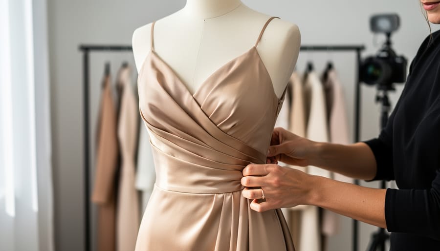 Close-up of a mannequin wearing a beige satin dress while a stylist’s hands adjust the fabric in a studio setting.