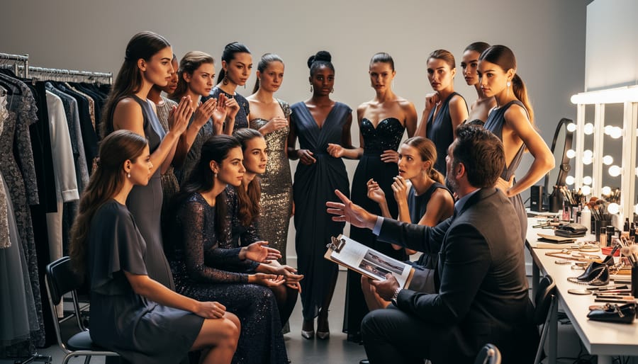 Designer and model having a backstage briefing with a mirror and styling tools blurred in the background
