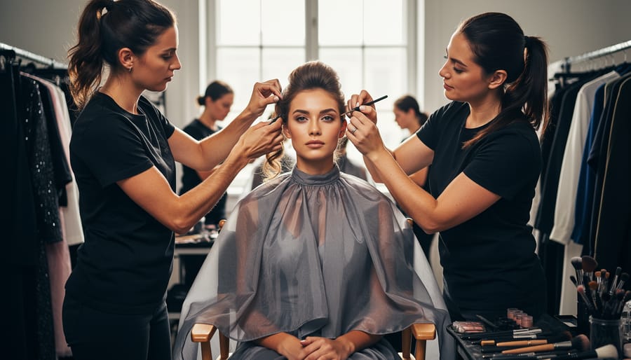 Fashion model standing backstage with a stylist adjusting clothing while the model maintains a confident expression