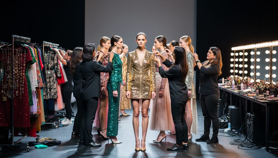 Model performing in place during quick backstage wardrobe changes while crew move quickly around them