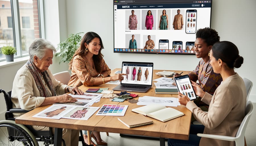Diverse fashion creators working together with a laptop, smartphone, and camera in a bright studio