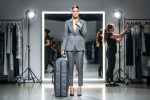 A fashion model adjusting their blazer backstage in front of a mirror while stylists prepare nearby, conveying calm confidence under pressure.