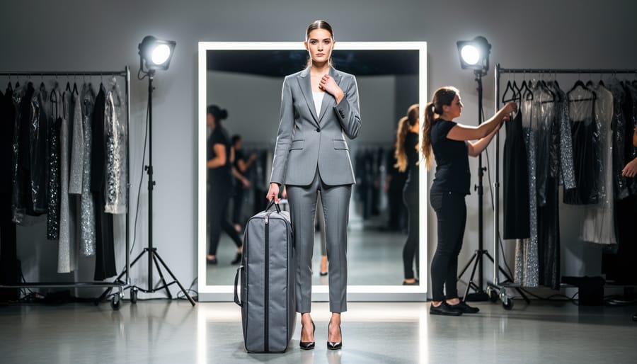 A fashion model adjusting their blazer backstage in front of a mirror while stylists prepare nearby, conveying calm confidence under pressure.