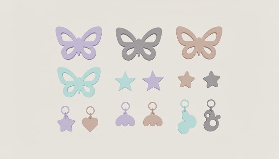Close-up of butterfly hair clips and small charm accessories being fastened at a vanity mirror