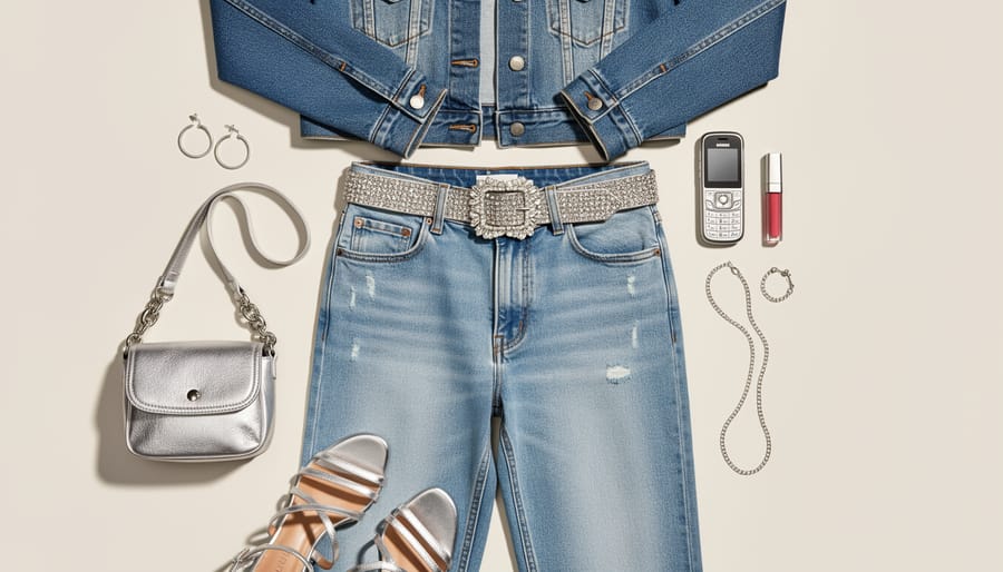 Flat lay of low-rise denim-on-denim clothing with embellished pockets and a chunky belt in soft window light