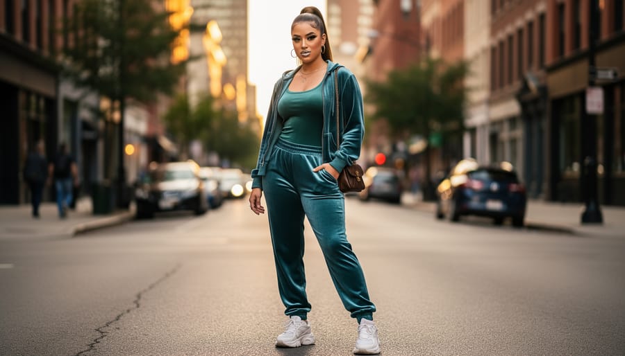 Pastel velour tracksuit and matching joggers styled for a Y2K-inspired athleisure look in soft daylight