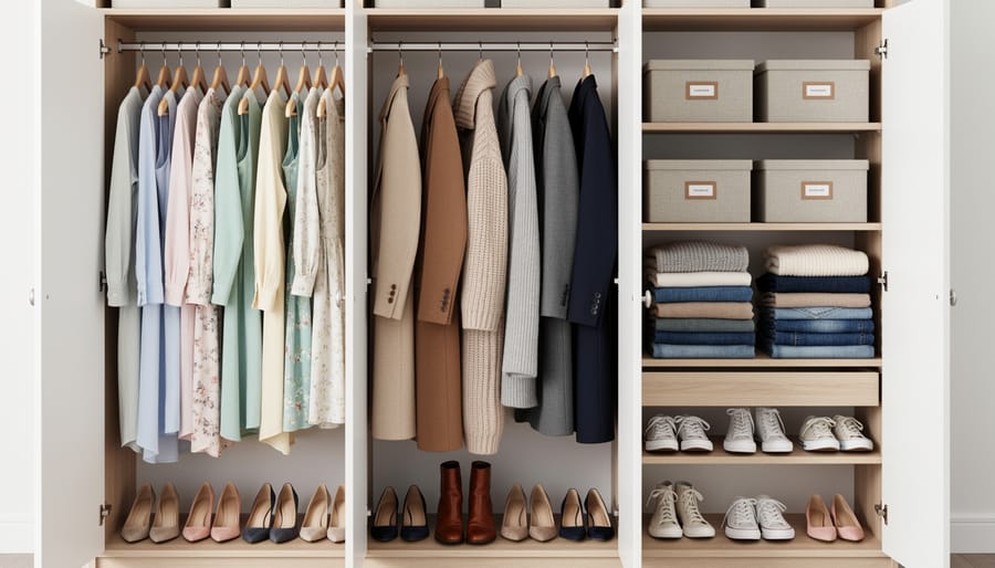 Person’s organized closet with spring and fall clothing pieces visible by side.