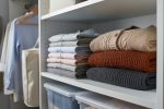 Organized closet wardrobe transition with neatly folded seasonal clothing and visible breathable storage bag and sealed bin for proper storage.
