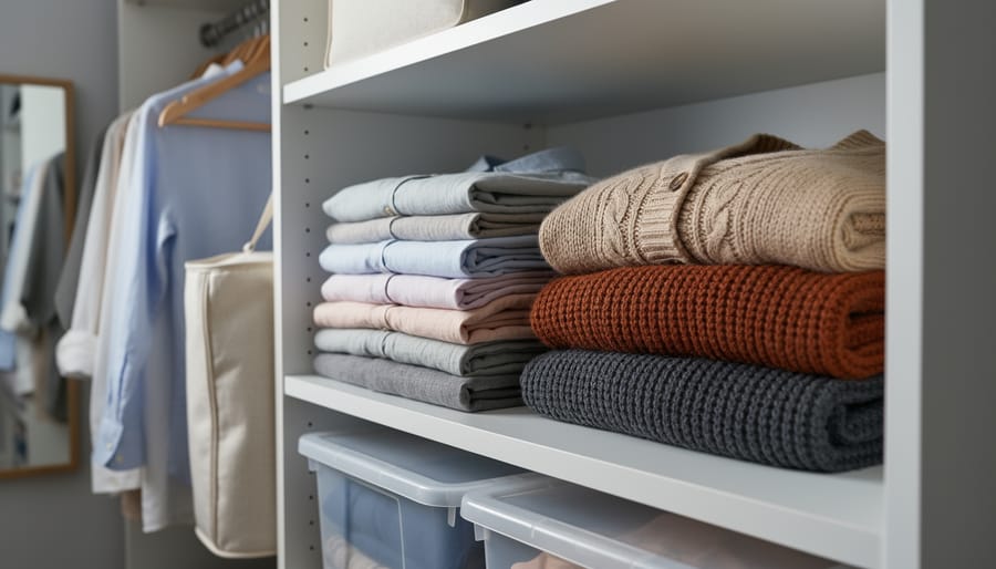 Organized closet wardrobe transition with neatly folded seasonal clothing and visible breathable storage bag and sealed bin for proper storage.