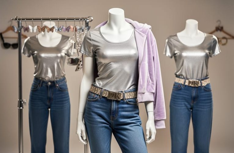Editorial studio scene featuring a mannequin dressed in Y2K-inspired low-rise jeans and a metallic baby-tee, with velour tracksuit, butterfly clips, and accessories arranged nearby.