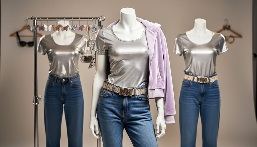 Editorial studio scene featuring a mannequin dressed in Y2K-inspired low-rise jeans and a metallic baby-tee, with velour tracksuit, butterfly clips, and accessories arranged nearby.