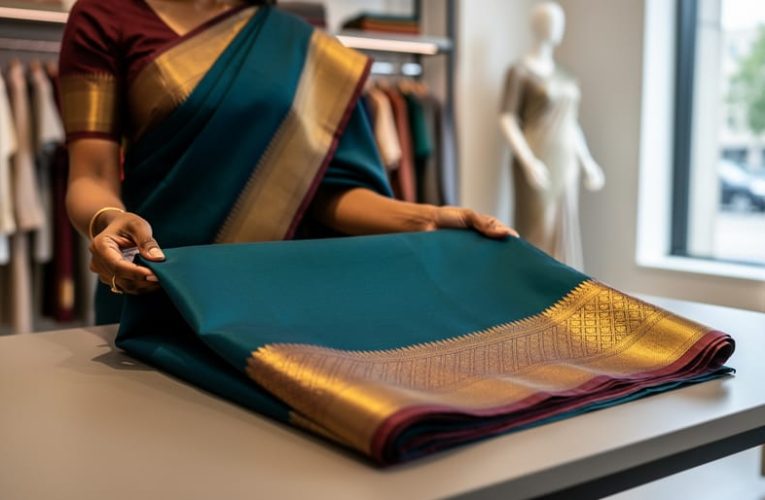 A person’s hands holding a Semi Kanchipuram silk saree with gold zari border on a boutique display table, with clothing racks blurred in the background.