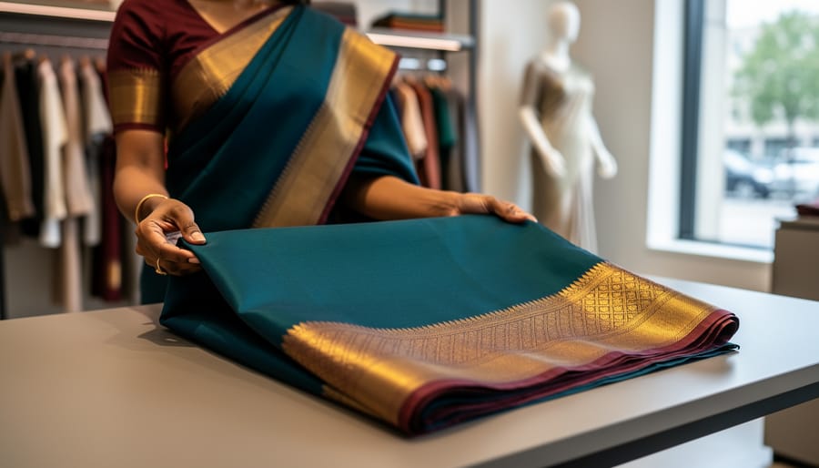 A person’s hands holding a Semi Kanchipuram silk saree with gold zari border on a boutique display table, with clothing racks blurred in the background.