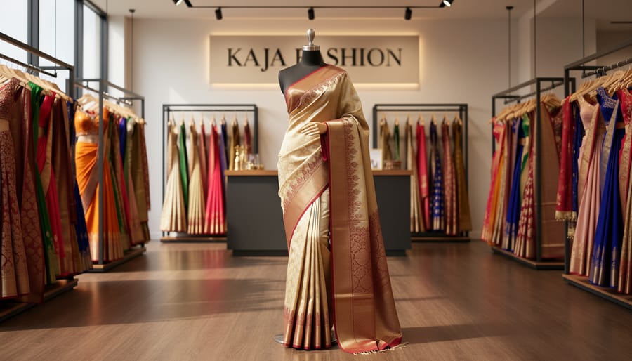 Model wearing a silk saree inside an ethnic fashion boutique with mannequins and fabric rolls in the background