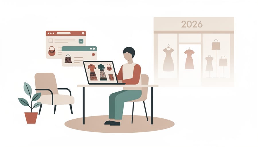 Laptop and fashion items on a wooden desk representing online discovery of ethnic fashion