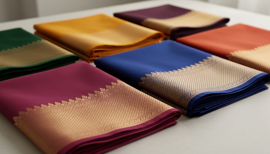 Draped and folded Semi Kanchipuram Silk Sarees with ornate woven borders on a boutique display table