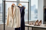 A tailored women’s blazer, sheath dress, and heeled pumps arranged on a neutral dressing table in soft natural daylight.