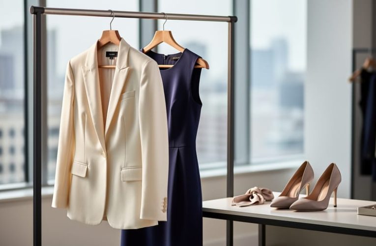 A tailored women’s blazer, sheath dress, and heeled pumps arranged on a neutral dressing table in soft natural daylight.