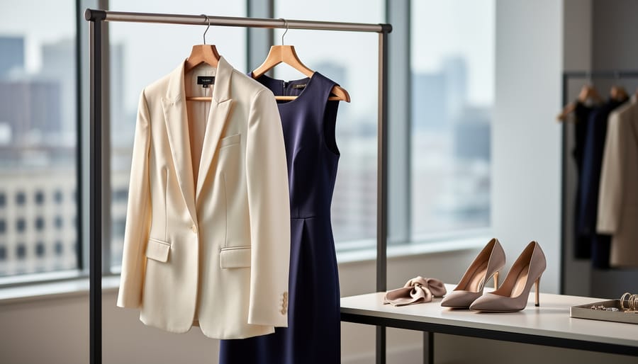 A tailored women’s blazer, sheath dress, and heeled pumps arranged on a neutral dressing table in soft natural daylight.