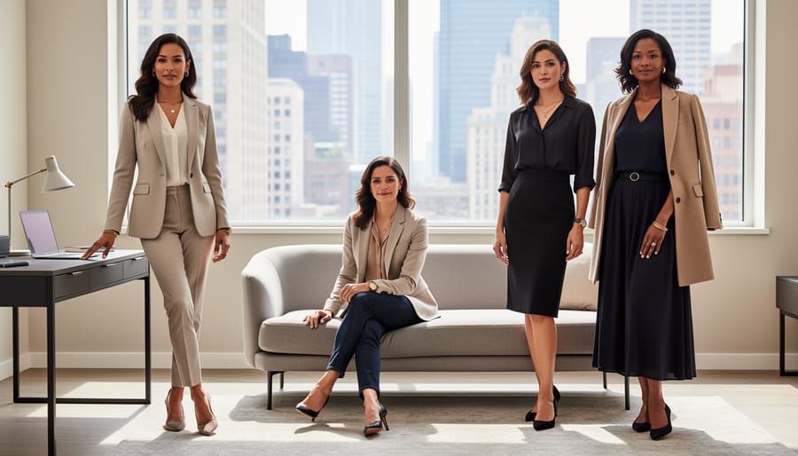 People coordinating tailored blazer, handbag, and outerwear in a bright apartment setting